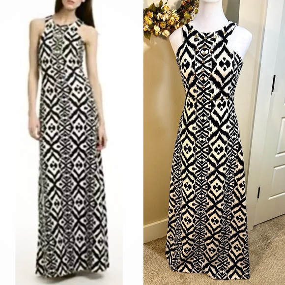 BELLE BADGLEY MISCHKA Ikat Studded Sheath Black/Ivory Maxi Dress Sz 2 - Picture 1 of 10